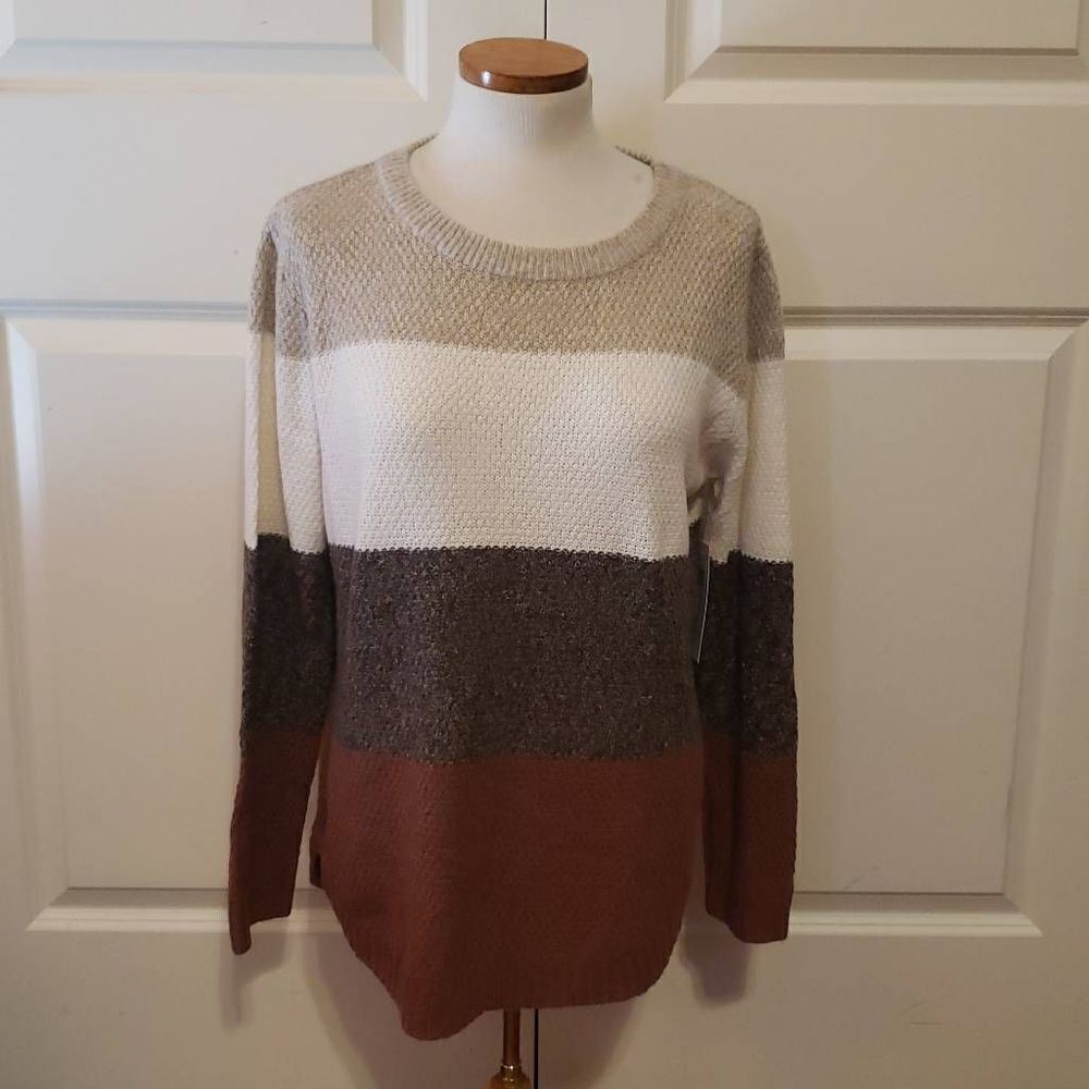 Pink‎ Clover Nickole Textured Colorblock Sweater Taupe Brown Rust XLP NEW